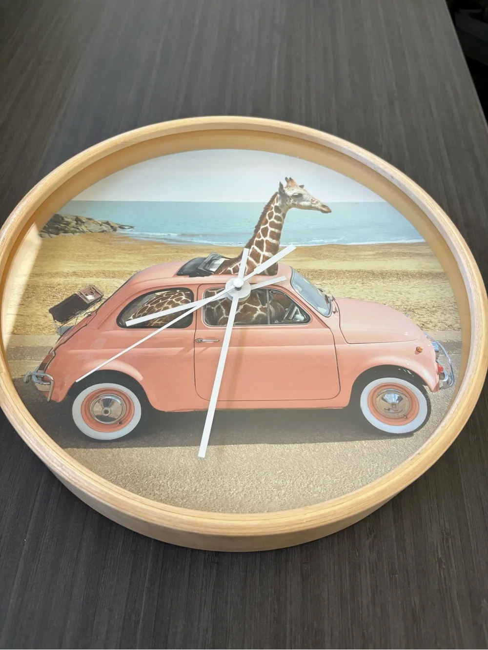 Pink Giraffe Print Wall Clock with Natural Frame